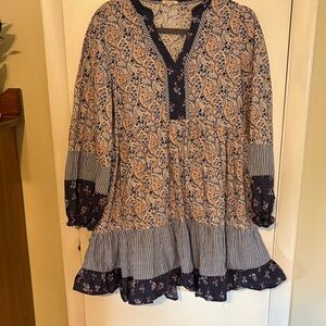 Jodifl Boho Floral Peasant Tunic dress - Navy & Cream